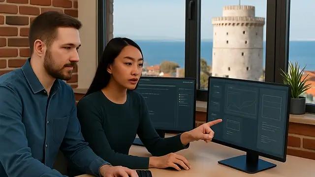 Νεαρός εργαζόμενος στην πληροφορική με φορητό υπολογιστή στη Θεσσαλονίκη, μπροστά στον Λευκό Πύργο